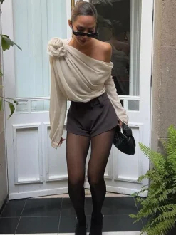 T-Shirts À Manches Longues Abricot Asymétriques Une Épaule Fleur Polyester Femmes