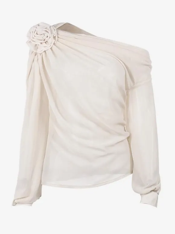 T-Shirts À Manches Longues Abricot Asymétriques Une Épaule Fleur Polyester Femmes