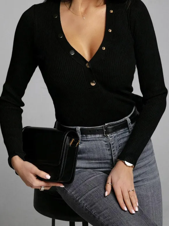 T-Shirts À Manches Longues Boutons Noirs Col En V Femmes