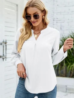 T-shirts À Manches Longues En Mousseline De Soie Blanche À Col En V Pour Femmes