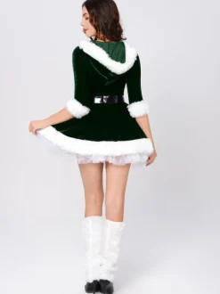 Tunique De Noël Pour Femme Robe À Ceinture Manche Longue Rouge Polyester Costumes De Vacances De Noël Cadeau Noël Déguisement