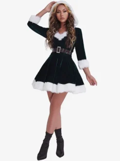 Tunique De Noël Pour Femme Robe À Ceinture Manche Longue Rouge Polyester Costumes De Vacances De Noël Cadeau Noël Déguisement