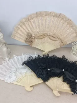Éventail Rococo Style Lolita Accessoires Champagne Dentelle Fleurs Perles Vintage
