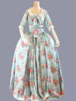 Vert rétro Costumes femmes imprimé fleuri volants n艙uds Polyester tunique robe Marie Antoinette Costume rétro fête robe de bal