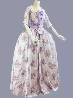 Vert rétro Costumes femmes imprimé fleuri volants n艙uds Polyester tunique robe Marie Antoinette Costume rétro fête robe de bal