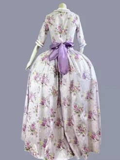 Vert rétro Costumes femmes imprimé fleuri volants n艙uds Polyester tunique robe Marie Antoinette Costume rétro fête robe de bal