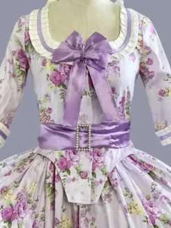Vert rétro Costumes femmes imprimé fleuri volants n艙uds Polyester tunique robe Marie Antoinette Costume rétro fête robe de bal