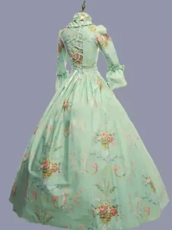 Vert rétro Costumes volants Polyester imprimé fleuri robe Marie Antoinette Costume femmes rétro tunique fête robe de bal