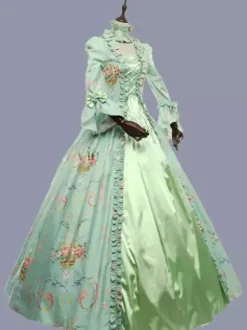 Vert rétro Costumes volants Polyester imprimé fleuri robe Marie Antoinette Costume femmes rétro tunique fête robe de bal