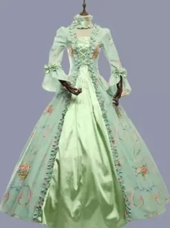Vert rétro Costumes volants Polyester imprimé fleuri robe Marie Antoinette Costume femmes rétro tunique fête robe de bal