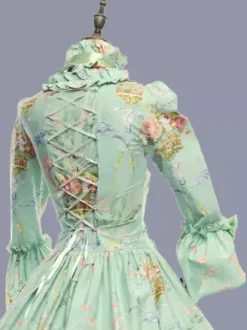 Vert rétro Costumes volants Polyester imprimé fleuri robe Marie Antoinette Costume femmes rétro tunique fête robe de bal