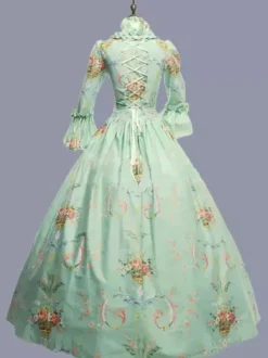 Vert rétro Costumes volants Polyester imprimé fleuri robe Marie Antoinette Costume femmes rétro tunique fête robe de bal