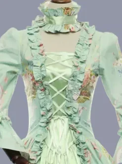 Vert rétro Costumes volants Polyester imprimé fleuri robe Marie Antoinette Costume femmes rétro tunique fête robe de bal