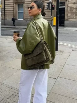 Veste aviateur en similicuir à col rabattu vert pour femme vêtement d'extérieur de printemps 2026