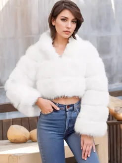 Veste blanche en fausse fourrure avec capuche manteaux courts tendance pour femmes vêtements d'hiver 2026
