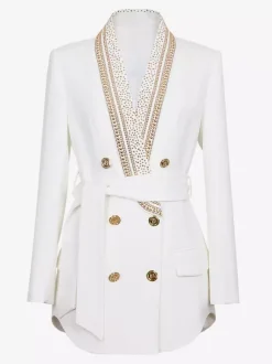 Veste blazer à manches longues croisée à revers châle orné de perles dorées pour femme