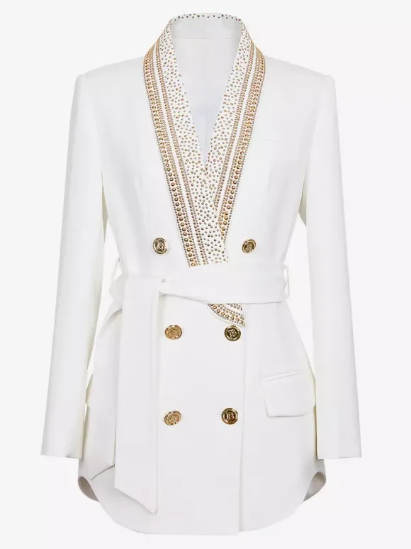 Veste blazer à manches longues croisée à revers châle orné de perles dorées pour femme