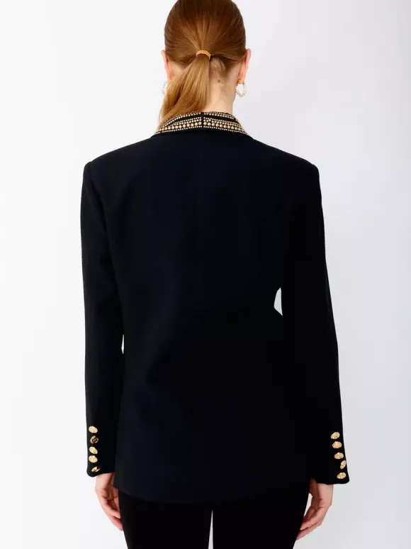 Veste blazer à manches longues croisée à revers châle orné de perles dorées pour femme