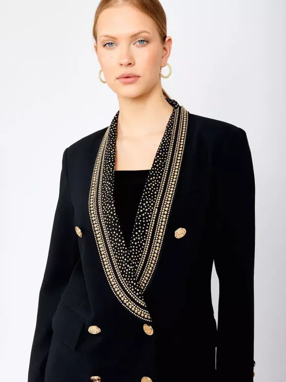 Veste blazer à manches longues croisée à revers châle orné de perles dorées pour femme
