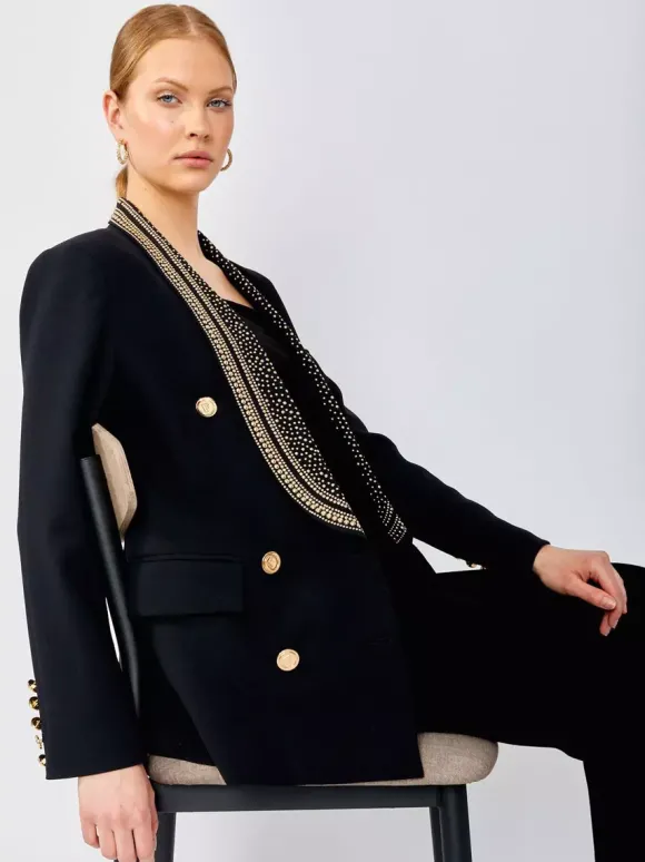 Veste blazer à manches longues croisée à revers châle orné de perles dorées pour femme