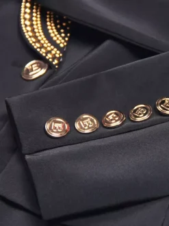 Veste blazer à manches longues croisée à revers châle orné de perles dorées pour femme