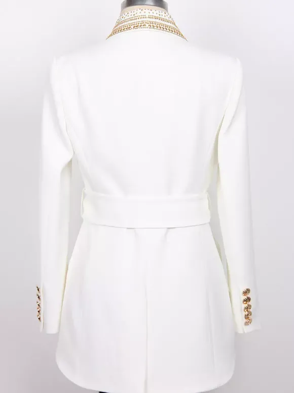 Veste blazer à manches longues croisée à revers châle orné de perles dorées pour femme