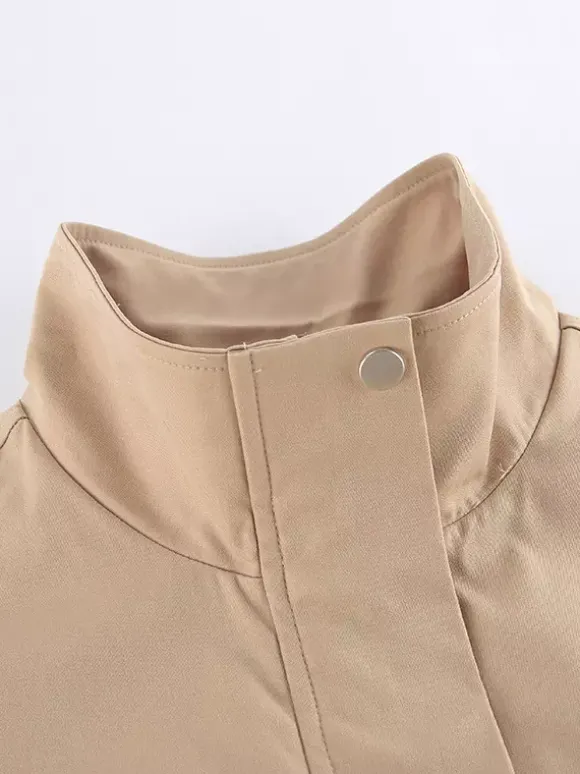 Veste coupe-vent kaki à col montant pour femme - Taille élastiquée avec cordon de serrage - Coupe ample - Style cargo utilitaire - Collection printemps 2026