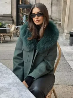 Veste courte avec col en fourrure de renard écologique vêtement d'extérieur surdimensionné vert foncé pour femme 2026