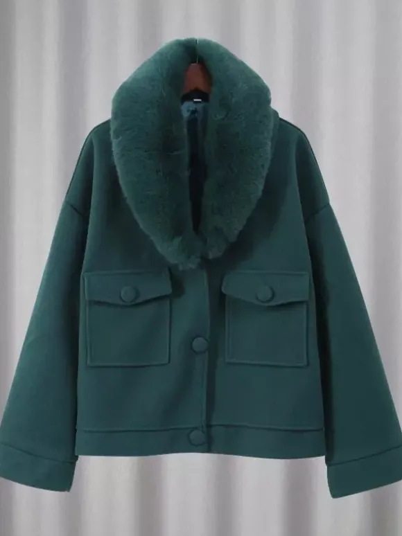 Veste courte avec col en fourrure de renard écologique vêtement d'extérieur surdimensionné vert foncé pour femme 2026