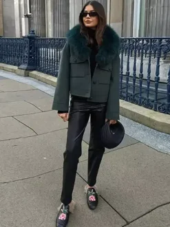Veste courte avec col en fourrure de renard écologique vêtement d'extérieur surdimensionné vert foncé pour femme 2026