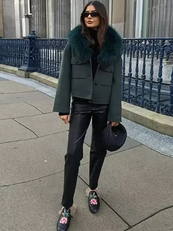 Veste courte avec col en fourrure de renard écologique vêtement d'extérieur surdimensionné vert foncé pour femme 2026