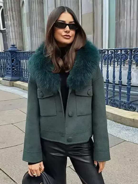 Veste courte avec col en fourrure de renard écologique vêtement d'extérieur surdimensionné vert foncé pour femme 2026