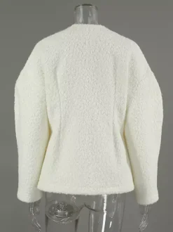 Veste courte blanche en bouclette pour femme - Élégante veste d'extérieur à col V manches bouffantes et coupe ajustée - Chic français pour le printemps 2026