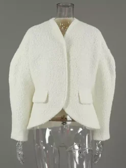 Veste courte blanche en bouclette pour femme - Élégante veste d'extérieur à col V manches bouffantes et coupe ajustée - Chic français pour le printemps 2026