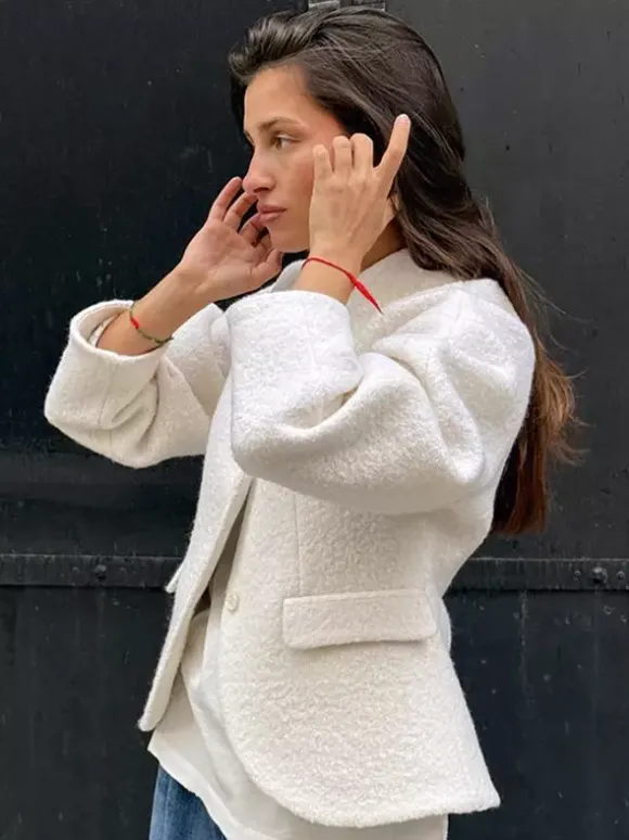 Veste courte blanche en bouclette pour femme - Élégante veste d'extérieur à col V manches bouffantes et coupe ajustée - Chic français pour le printemps 2026