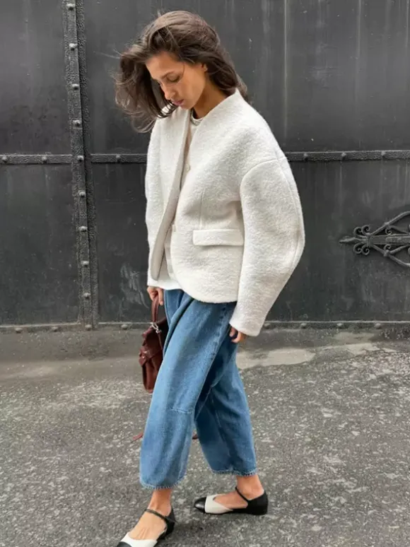 Veste courte blanche en bouclette pour femme - Élégante veste d'extérieur à col V manches bouffantes et coupe ajustée - Chic français pour le printemps 2026