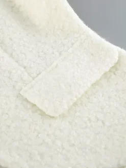 Veste courte blanche en bouclette pour femme - Élégante veste d'extérieur à col V manches bouffantes et coupe ajustée - Chic français pour le printemps 2026