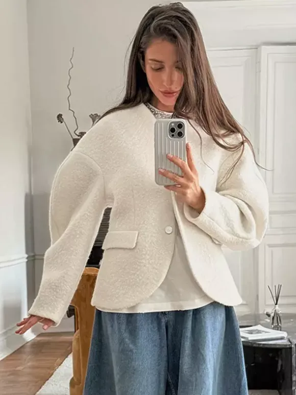 Veste courte blanche en bouclette pour femme - Élégante veste d'extérieur à col V manches bouffantes et coupe ajustée - Chic français pour le printemps 2026