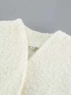 Veste courte blanche en bouclette pour femme - Élégante veste d'extérieur à col V manches bouffantes et coupe ajustée - Chic français pour le printemps 2026