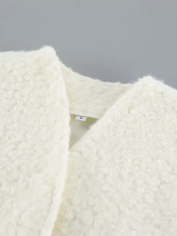 Veste courte blanche en bouclette pour femme - Élégante veste d'extérieur à col V manches bouffantes et coupe ajustée - Chic français pour le printemps 2026