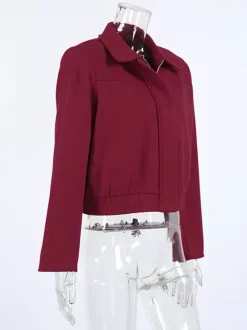 Veste courte bordeaux pour femme - Col rabattu chic fermeture éclair ourlet élastique - Collection streetwear décontractée printemps 2026