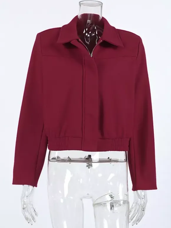 Veste courte bordeaux pour femme - Col rabattu chic fermeture éclair ourlet élastique - Collection streetwear décontractée printemps 2026