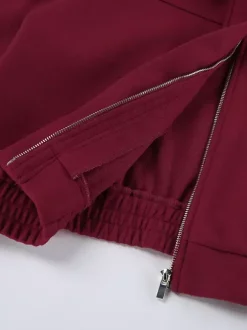 Veste courte bordeaux pour femme - Col rabattu chic fermeture éclair ourlet élastique - Collection streetwear décontractée printemps 2026