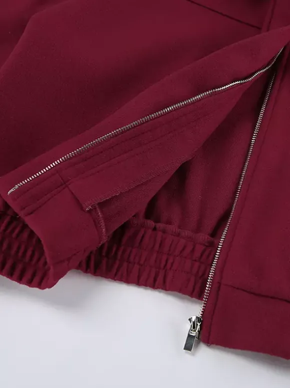Veste courte bordeaux pour femme - Col rabattu chic fermeture éclair ourlet élastique - Collection streetwear décontractée printemps 2026