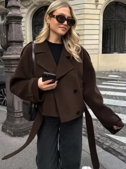 Veste courte croisée pour femme - Coupe courte chic ceinturée - Style streetwear décontracté et luxueux pour le printemps 2026