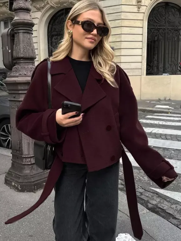 Veste courte croisée pour femme - Coupe courte chic ceinturée - Style streetwear décontracté et luxueux pour le printemps 2026