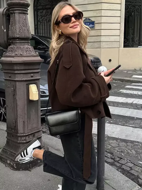 Veste courte croisée pour femme - Coupe courte chic ceinturée - Style streetwear décontracté et luxueux pour le printemps 2026