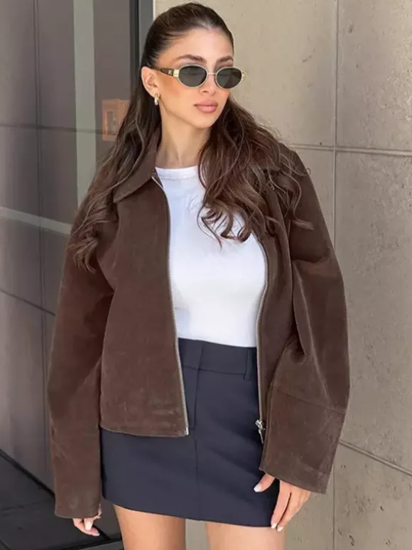 Veste courte femme en daim moka - Fermeture éclair minimaliste col polo coupe carrée - Idéale pour un look streetwear printanier décontracté (collection printemps 2026)