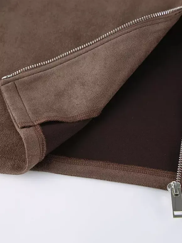 Veste courte femme en daim moka - Fermeture éclair minimaliste col polo coupe carrée - Idéale pour un look streetwear printanier décontracté (collection printemps 2026)