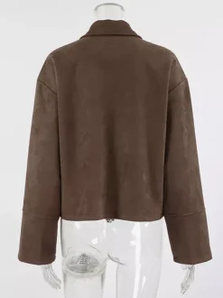 Veste courte femme en daim moka - Fermeture éclair minimaliste col polo coupe carrée - Idéale pour un look streetwear printanier décontracté (collection printemps 2026)